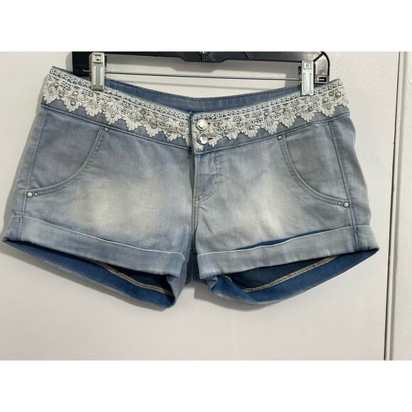 Francomina Denim Shorts Size Large Low Rise Lace Studded Festival Boho - Picture 1 of 6